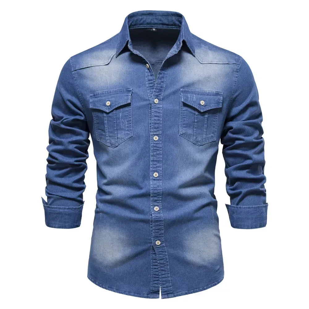 AIOPESON Brand Elastic Cotton Denim Shirt Men Long Sleeve Quality Cowboy Shirts for Men Casual Slim Fit Mens Designer Clothing