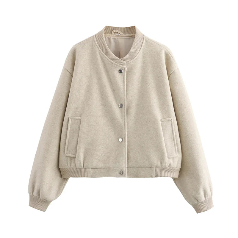 TRAF 2024 Women Jacket Cropped Bomber Jackets For Women Beige Black Tweed Jacket Woman Fashion Long Sleeve New In Short Coats