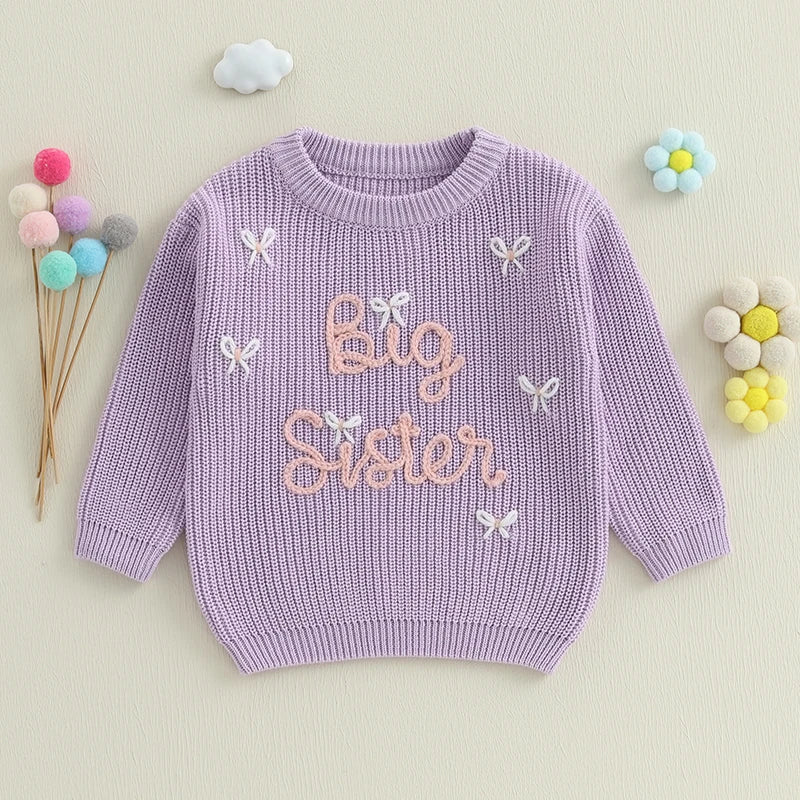 Pudcoco Baby Girl Sweater Long Sleeve Round Neck Bow Letter Embroidery Knit Pullover Toddler Tops 1-5T