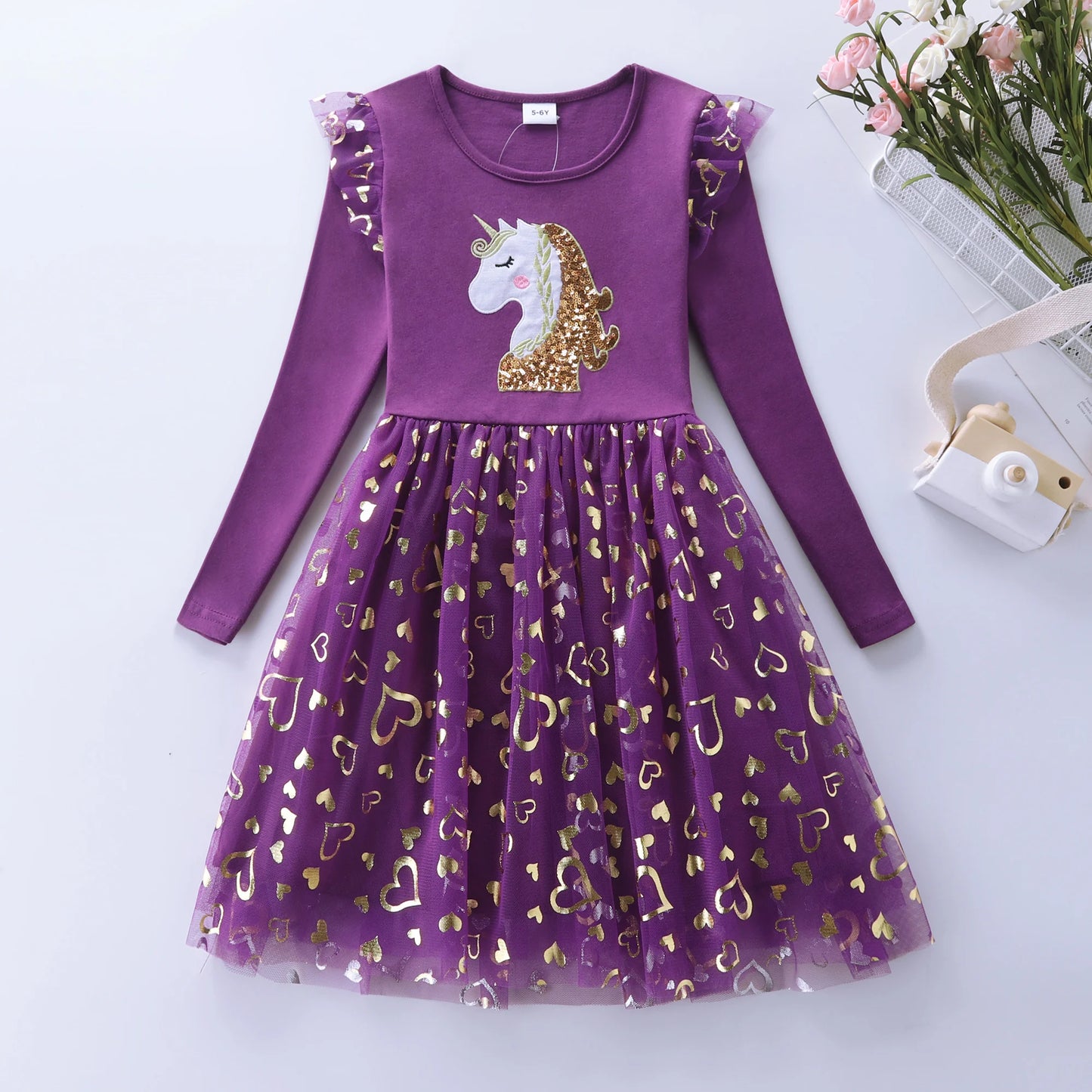 Girls' Autumn Long Sleeve Mesh Cartoon Unicorn Dress LH1696