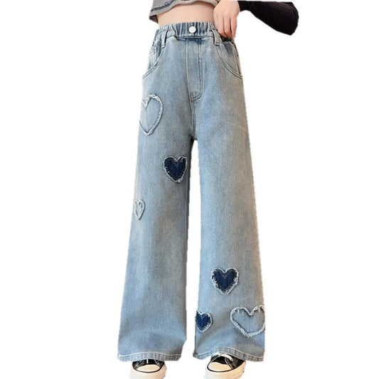 Big Girls School Wide Leg Pants with Heart Design Casual Loose 2025 New Spring Fashion Long Jeans Children Korean Style Trousers