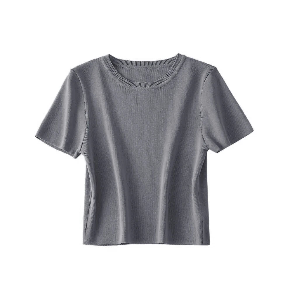 RFZA Women Fashion Striped Basic Cropped Knit Sweater Vintage O Neck Short Sleeve Female Pullovers Chic Tops