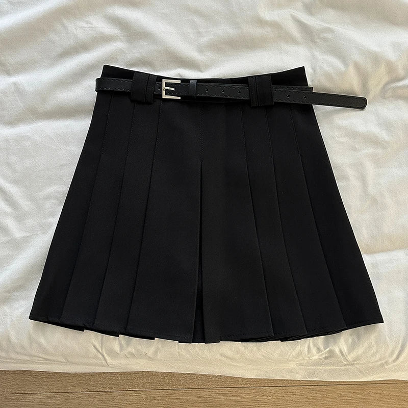 Fashion Vintage Pleated Skirt 2024 Autumn New Arrival K-sle Women's Clothing Short A- line Skirt with  Belt