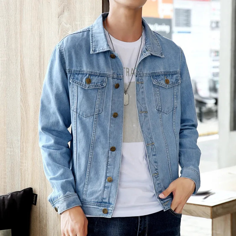 New Spring Autumn Men's Denim Jackets Casual Streetwear Outerwear Solid Color Single Breasted Turn Down Collar Denim Jacket Men