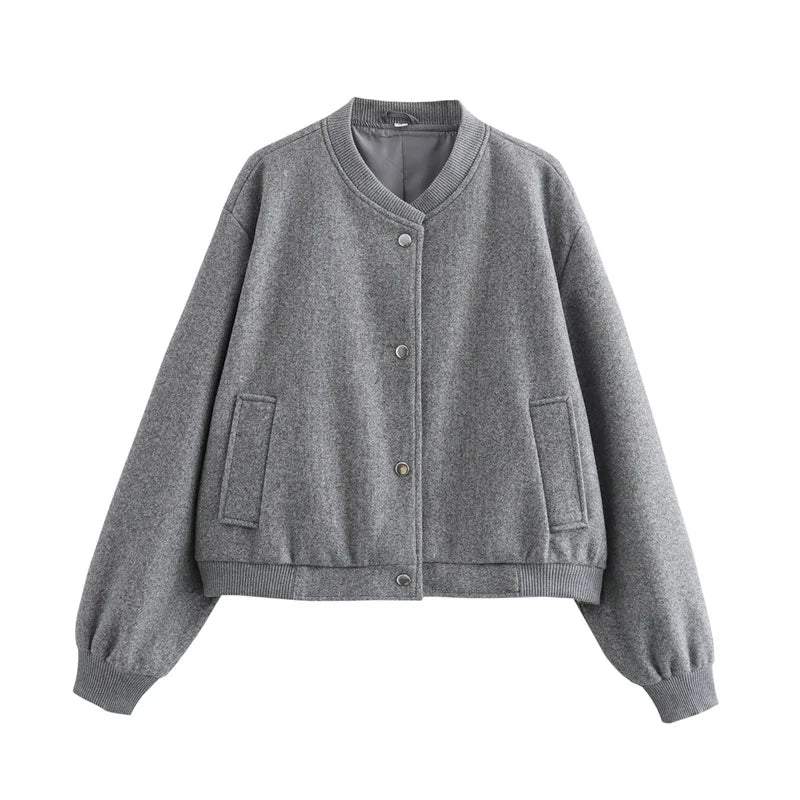 TRAF 2024 Women Jacket Cropped Bomber Jackets For Women Beige Black Tweed Jacket Woman Fashion Long Sleeve New In Short Coats