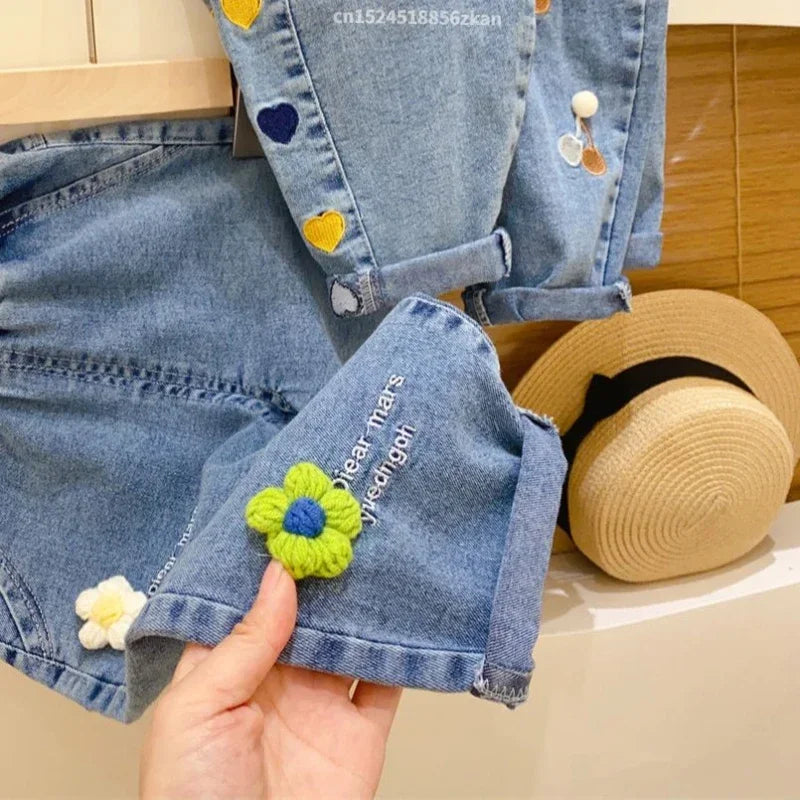 Ambroidered Flower Girl Jeans Baby Boy Kids Jeans Girl Pants Daduhey Wide Leg Pants Harem Trousers Clothes Bottoms