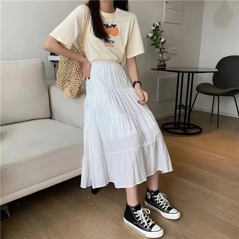 Spring Summer Women Skirts Vintage High Waist Elastic Patchwork White Black Chic Long Cake A-line Skirt