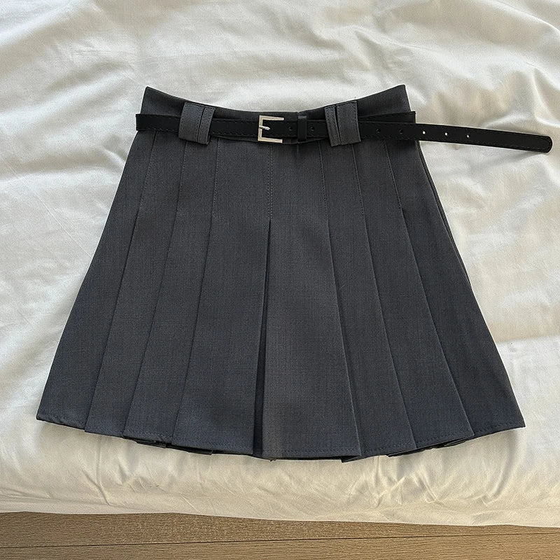 Fashion Vintage Pleated Skirt 2024 Autumn New Arrival K-sle Women's Clothing Short A- line Skirt with  Belt