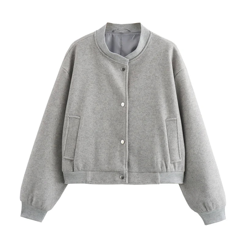 TRAF 2024 Women Jacket Cropped Bomber Jackets For Women Beige Black Tweed Jacket Woman Fashion Long Sleeve New In Short Coats