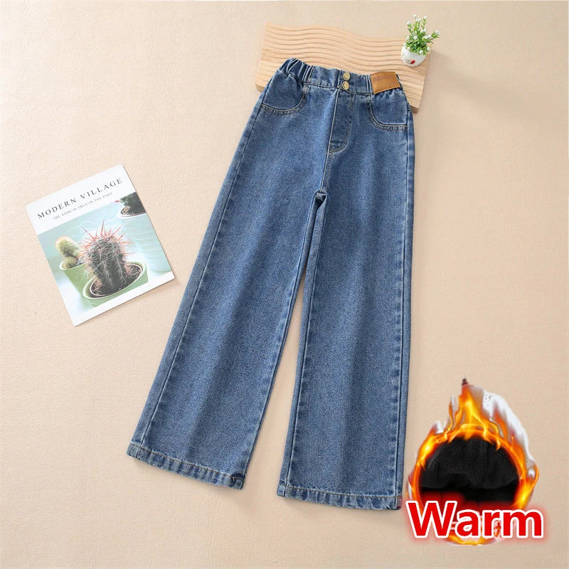 Teenage Girls Retro Jeans Spring Autumn Winter Casual Fashion Kids Wide Leg Insulated Jeans Pants School Children Denim Trousers