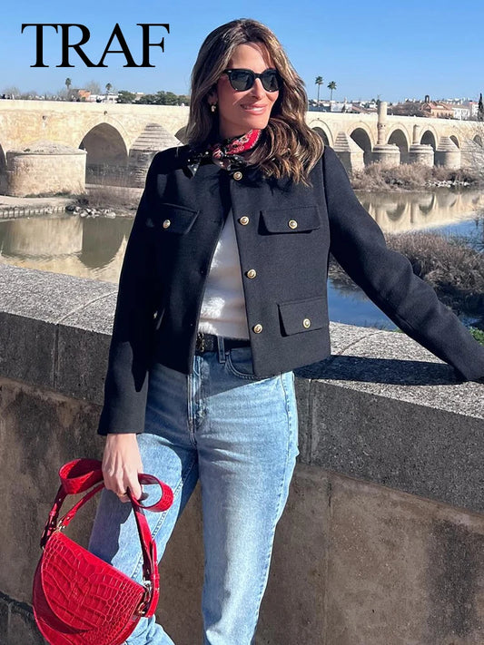 TRAFZA 2024 Fashion Women Bomber Cropped Jackets Female Golden Button Blazer Spring Women's Chic Streetwear Outwear Top