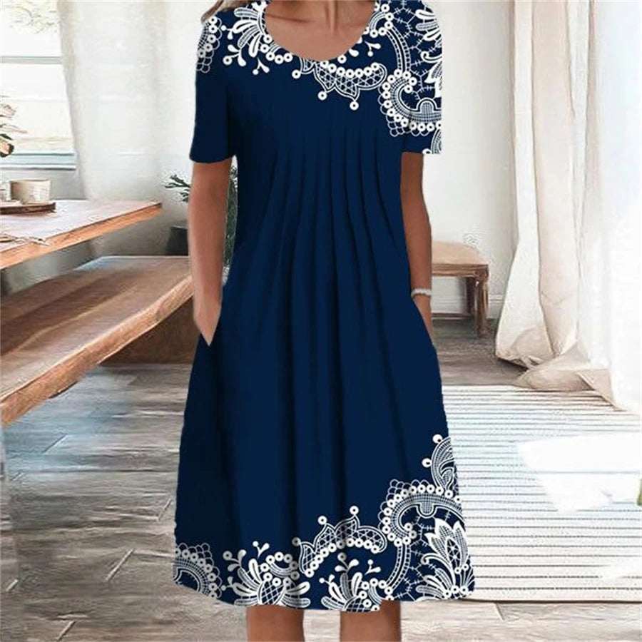 Elegant Dress Women Casual Temperament Dress Women Short Sleeves Loose Dresses Weekend Holiday