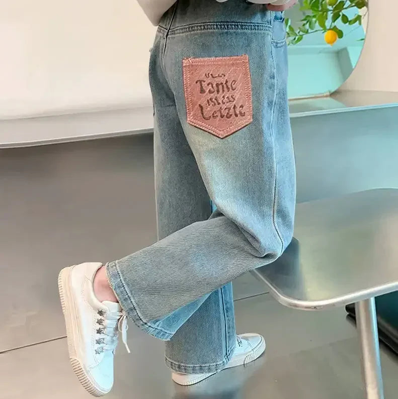 Korean Style Children Embroidery Jeans for Girls Denim Pants for Girls Spring  High Waist Straight Trousers for Kids Teenagers