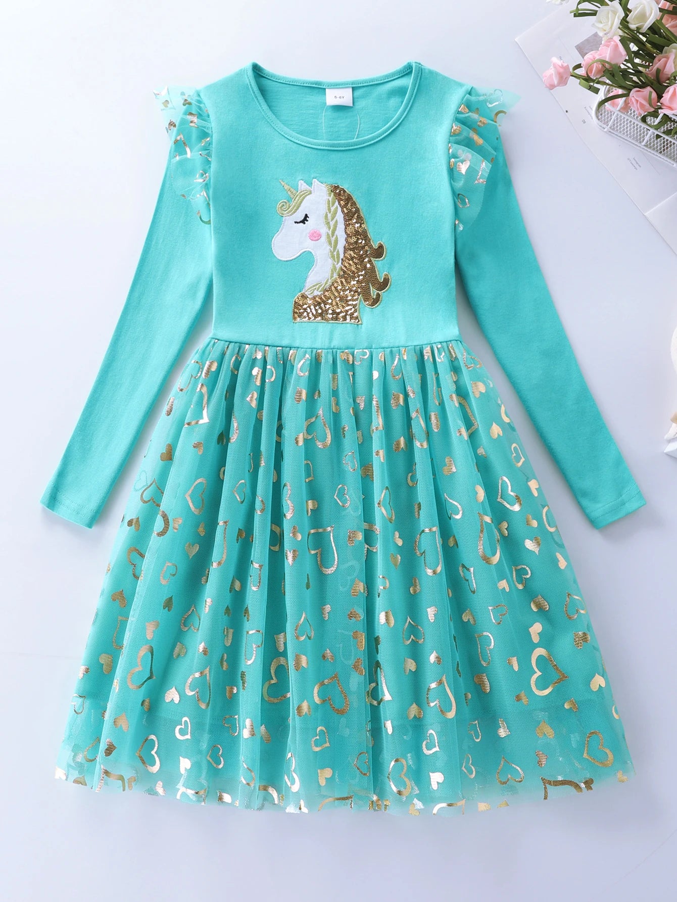 Girls' Autumn Long Sleeve Mesh Cartoon Unicorn Dress LH1696