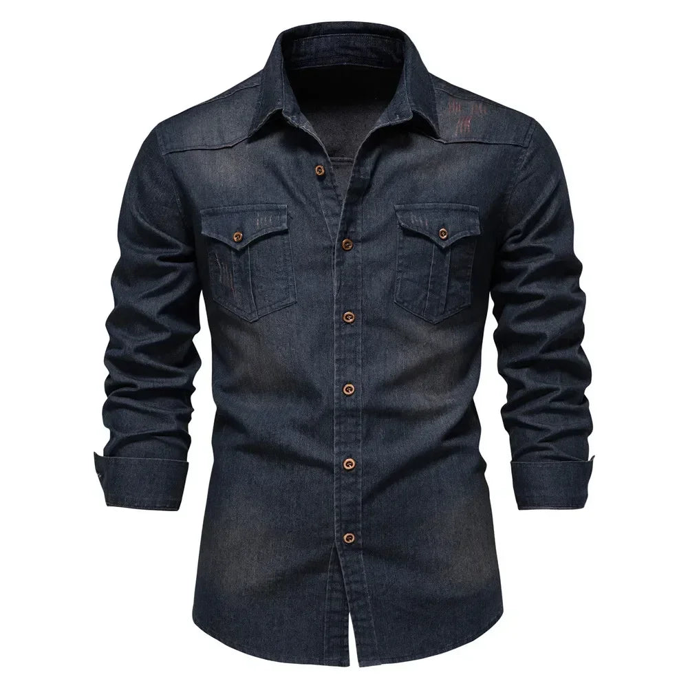 AIOPESON Brand Elastic Cotton Denim Shirt Men Long Sleeve Quality Cowboy Shirts for Men Casual Slim Fit Mens Designer Clothing