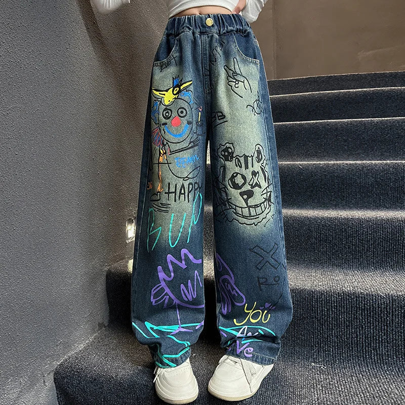 Kids Jeans for Girls Fashion Graffiti Dyeing 2025 Spring Autumn Hot Sales Teenager Unique Wide Leg Pants Korean Style Trousers