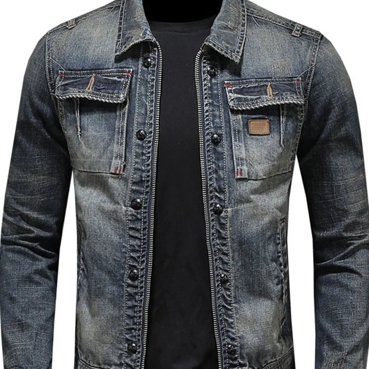 Spring and Autumn Denim Jacket Men Boutique Zipper Fashion Turn Down Collar Mens Clothes Casual Denim Jacket Slim Cowboy Coat