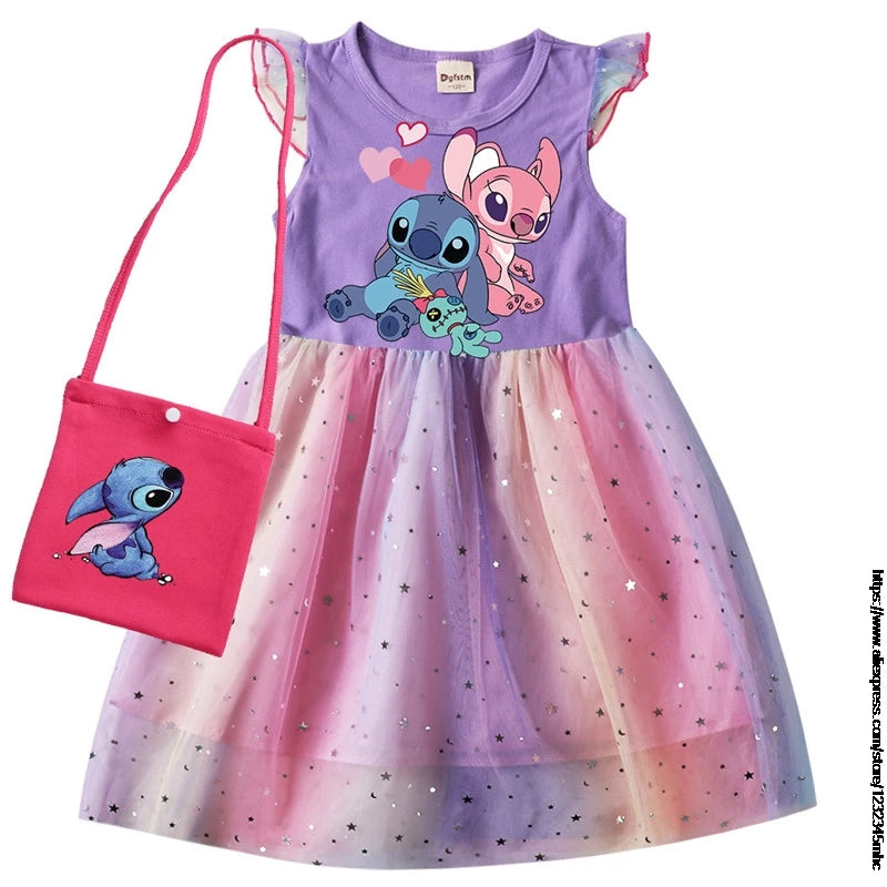 Lilo And Stitch Summer Girls Cotton T Shirt Patchwork Dress +Bag Children Girl Home Party Casual Clothes Dresses