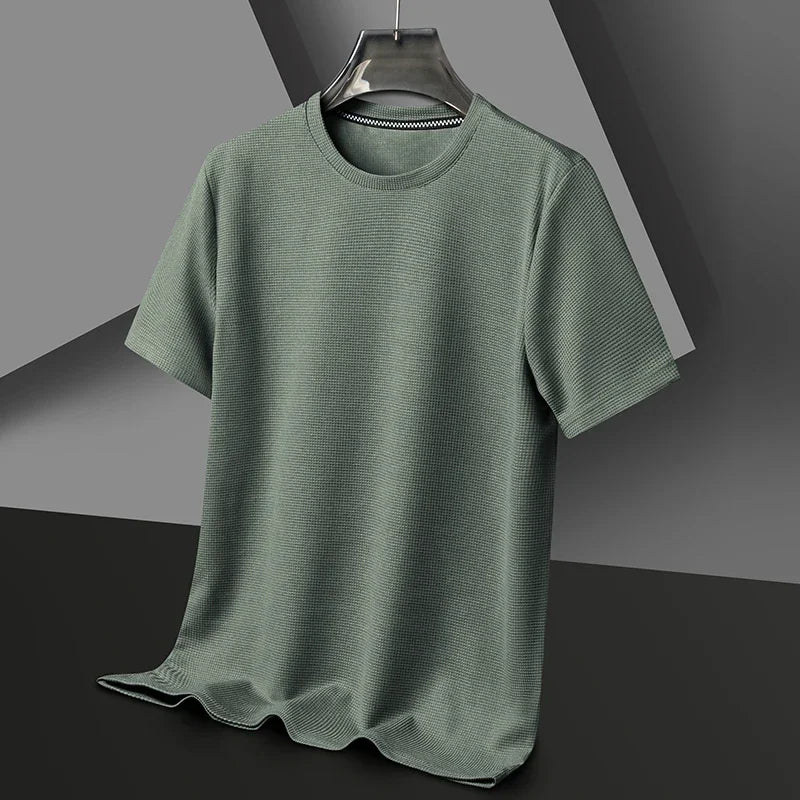 Men's New Summer Waffle round Neck Short Sleeve T-Shirt Comfortable Breathable Short-Sleeved Top for Casual Wear