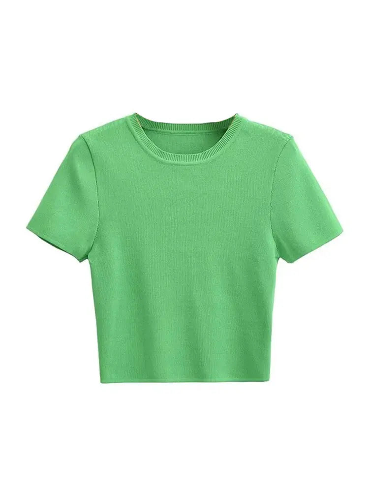 RFZA Women Fashion Striped Basic Cropped Knit Sweater Vintage O Neck Short Sleeve Female Pullovers Chic Tops