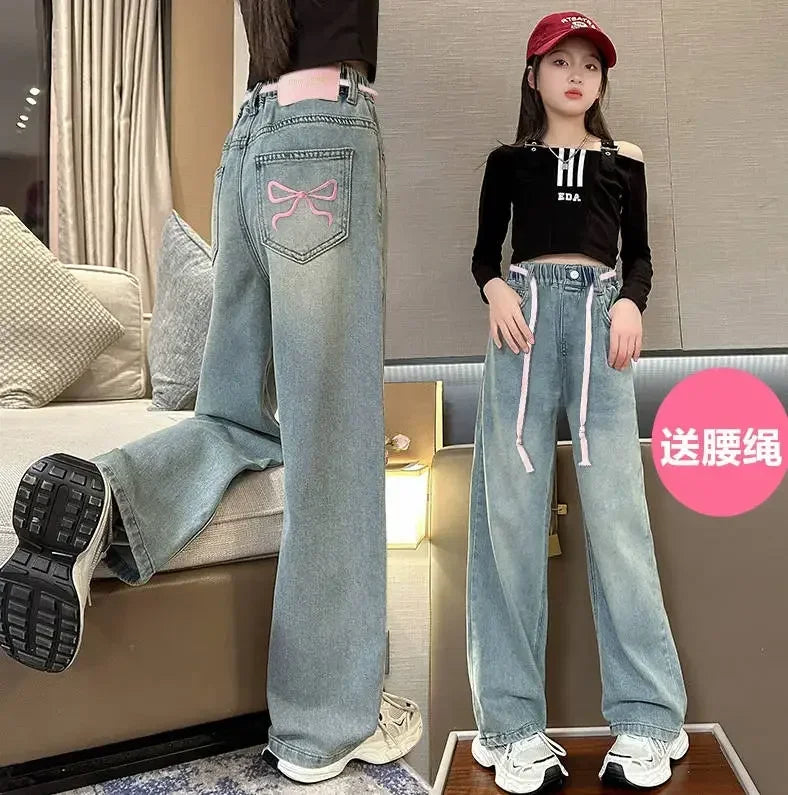 Korean Style Children Embroidery Jeans for Girls Denim Pants for Girls Spring  High Waist Straight Trousers for Kids Teenagers