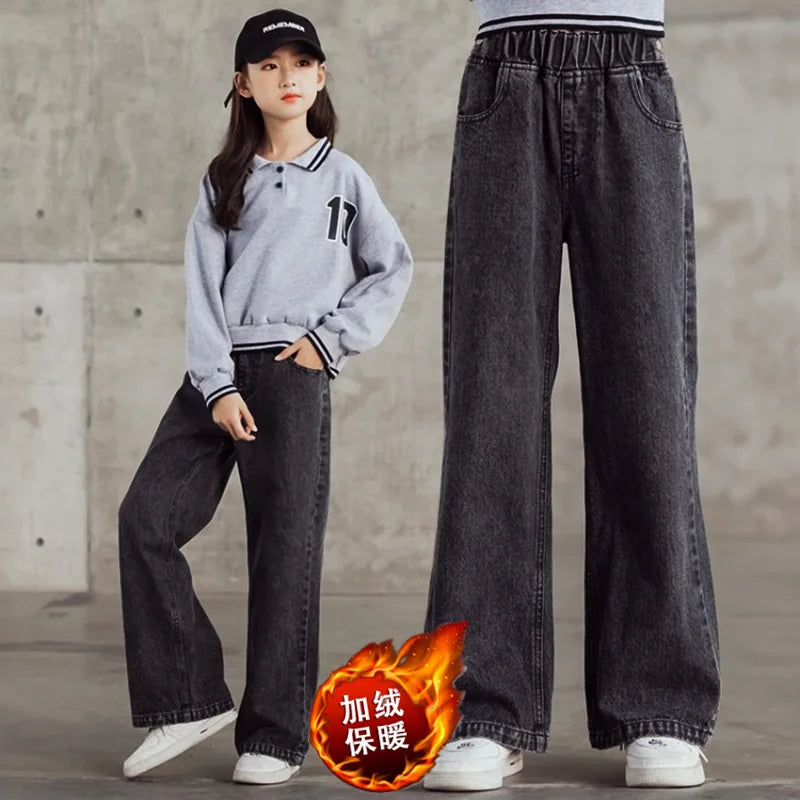 2024 Teenager Jeans for Girls Autumn Kids Casual Denim Wide Leg Pants Velvet Warm Winter Children's Fashion Straight Trousers