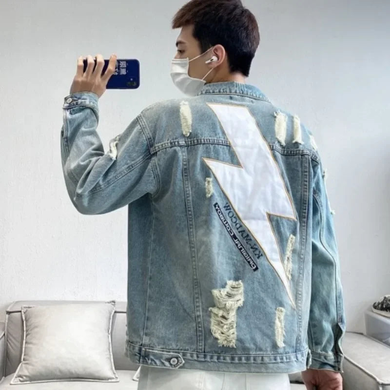 Men's Denim Jacket Vintage With Print Male Jean Coats Hole Ripped High Quality In Lowest Price Size L Loose On Board Casual Y2k