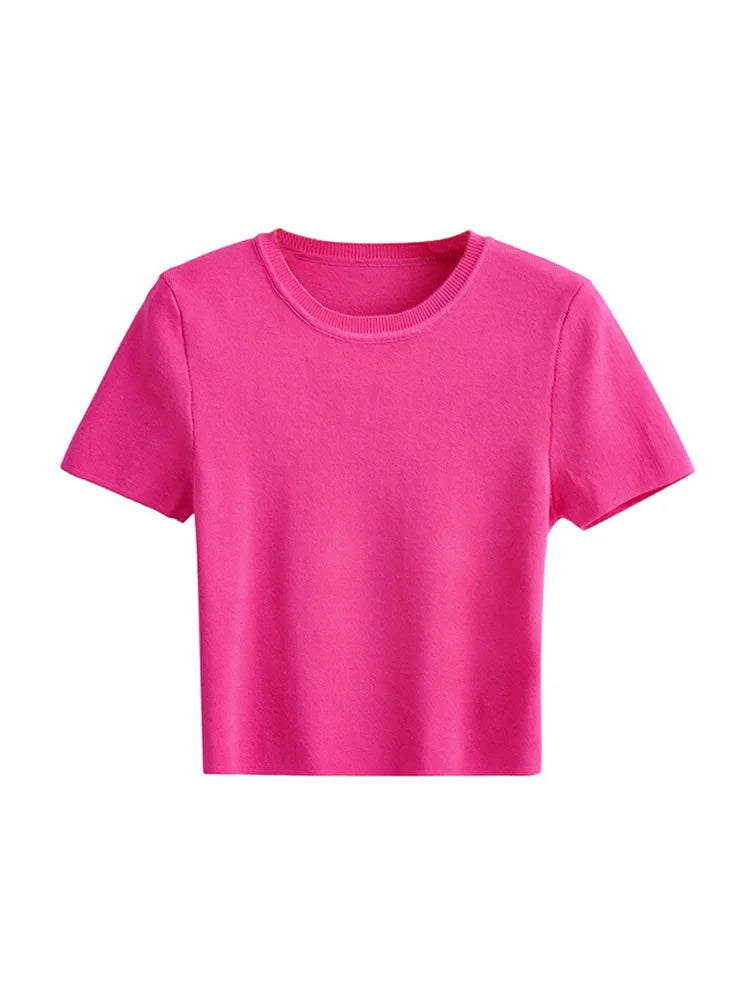 RFZA Women Fashion Striped Basic Cropped Knit Sweater Vintage O Neck Short Sleeve Female Pullovers Chic Tops