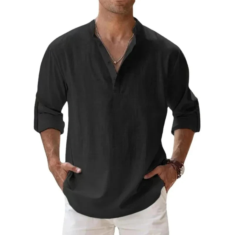 Streetwear Men Lightweight Shirts Long Sleeve Henley Cotton Linen Shirts for Men Beach Hawaiian Shirts Breathable Collar Tshirts