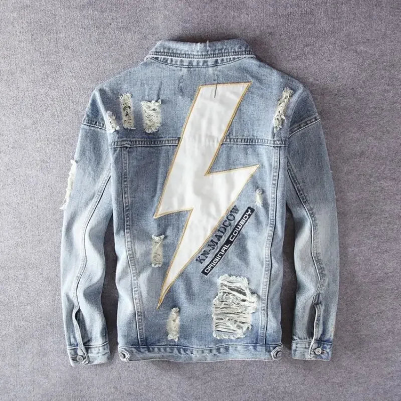 Men's Denim Jacket Vintage With Print Male Jean Coats Hole Ripped High Quality In Lowest Price Size L Loose On Board Casual Y2k