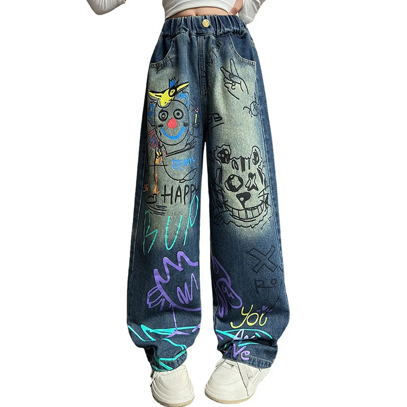 Kids Jeans for Girls Fashion Graffiti Dyeing 2025 Spring Autumn Hot Sales Teenager Unique Wide Leg Pants Korean Style Trousers