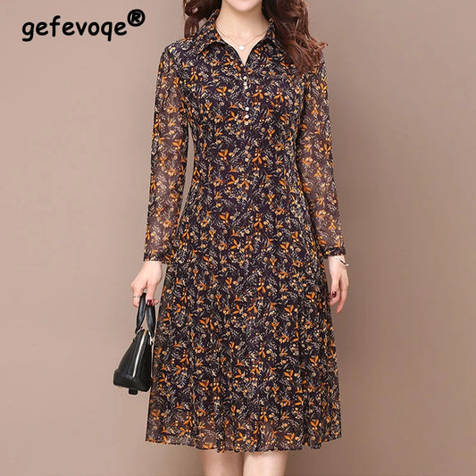 Long Sleeve Dress Women Floral Print Elegant Turndown Collar Summer Female Clothing Slim All-match Casual Button Midi Dress Robe