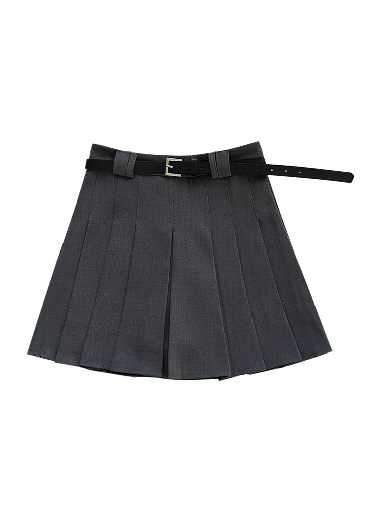 Fashion Vintage Pleated Skirt 2024 Autumn New Arrival K-sle Women's Clothing Short A- line Skirt with  Belt