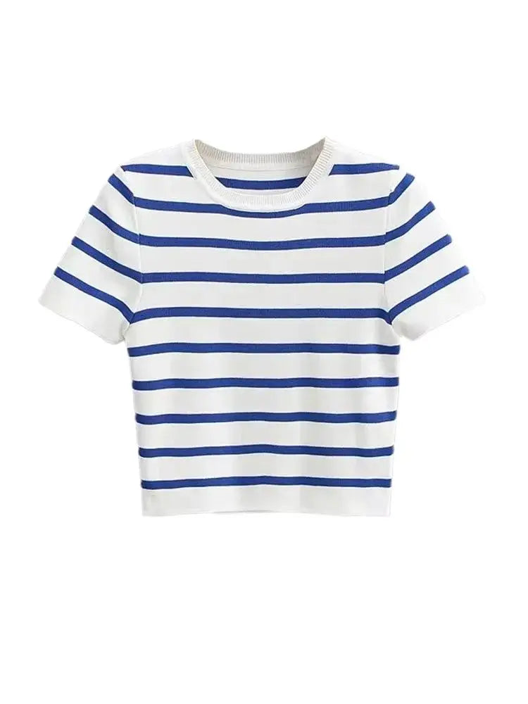 RFZA Women Fashion Striped Basic Cropped Knit Sweater Vintage O Neck Short Sleeve Female Pullovers Chic Tops
