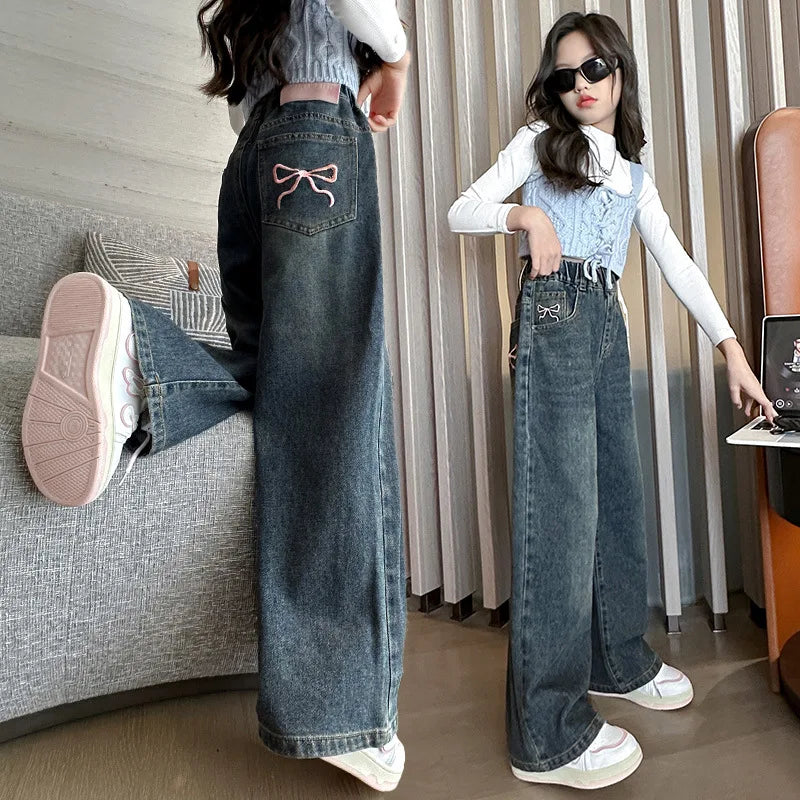 Girl Pocket Bow Embroidery Jeans New Teenage Children Wide Leg Denim Pants for Kids Loose Trousers Spring Autumn 4 -14 Years