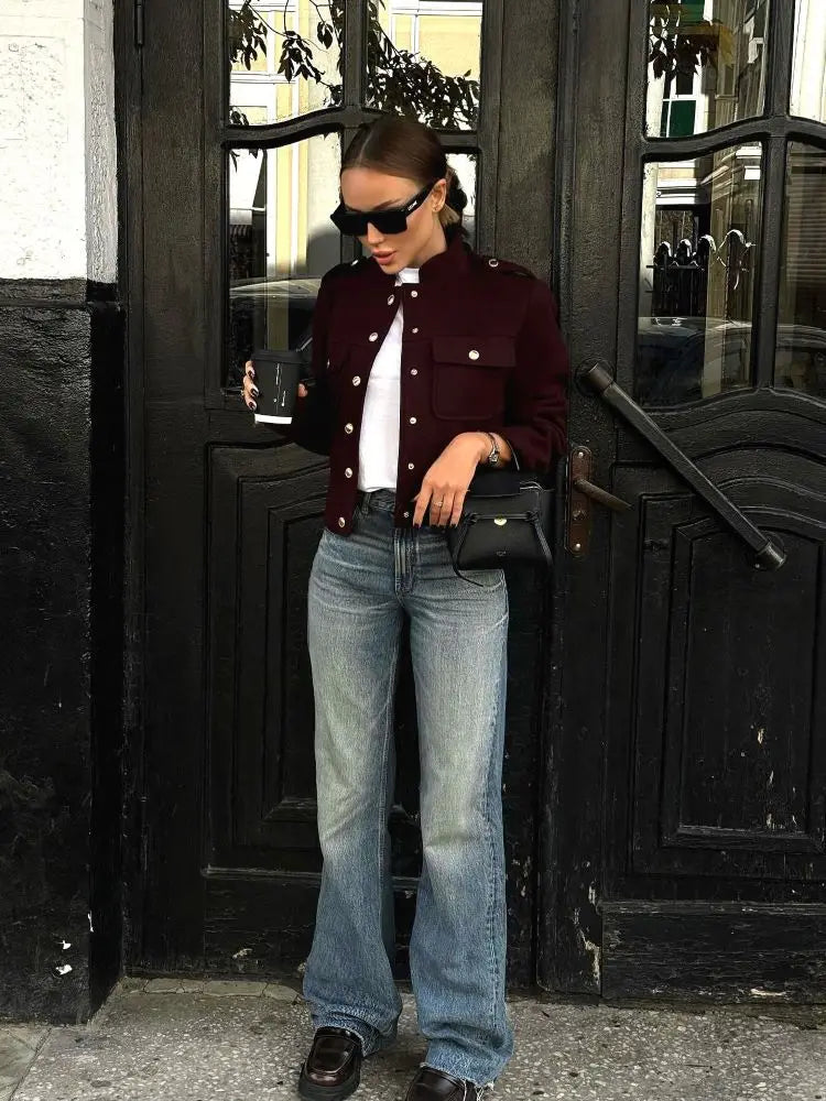 Elegant Wine Red Stand Collar Wool Blend Coat Female Fashion Single Breasted Pocket Short Jackets Lady Office Commute Streetwear