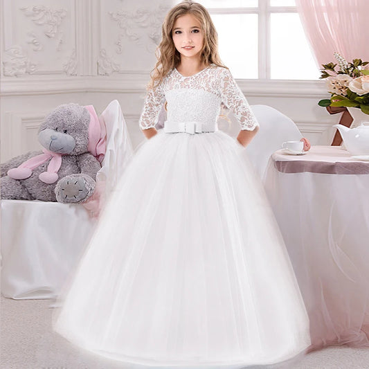 Long Formal Bridesmaid Teens Girls Dress Lace Children Costume Princess Party Flower Kids Clothes Wedding Evening 10 12 Vestidos