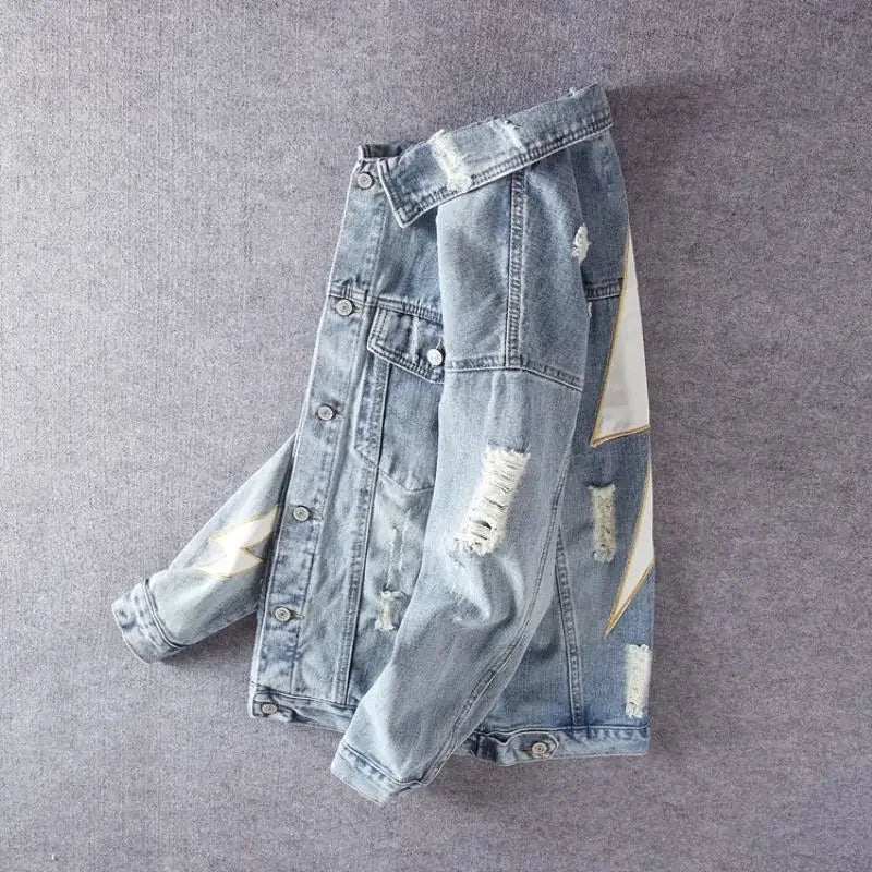 Men's Denim Jacket Vintage With Print Male Jean Coats Hole Ripped High Quality In Lowest Price Size L Loose On Board Casual Y2k