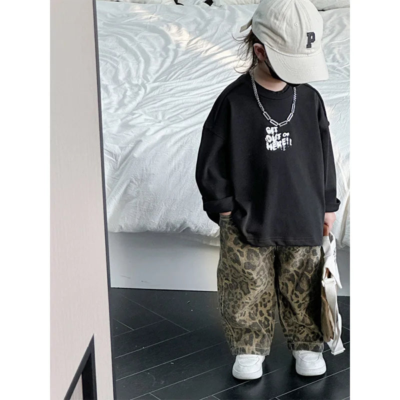 Leopard Jeans For Kids Boys Girls Cool Long Jeans Fashion 2024 Casual Street Style