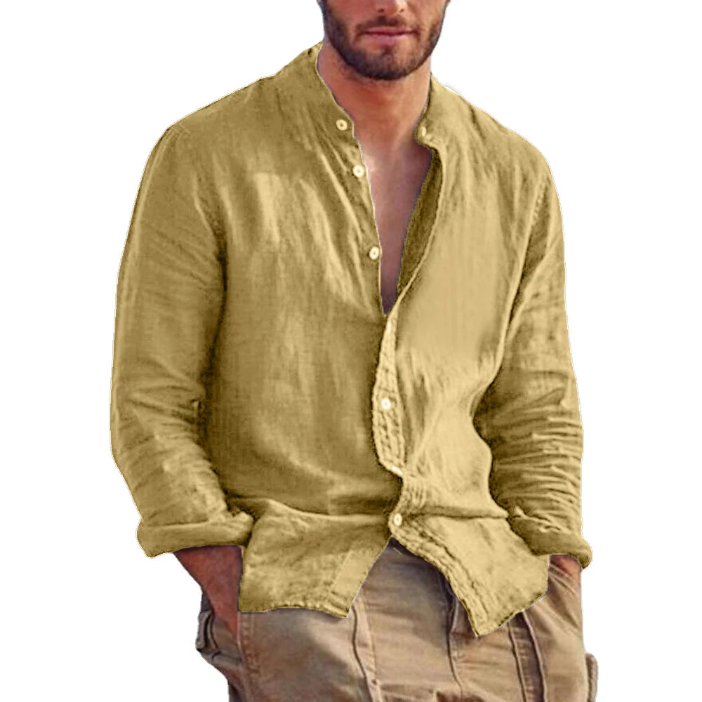 New Men's Solid Color Long Sleeve Shirt Linen Cotton Shirts Trend Plus-size Stand Collar Casual Lightweight Beach Tops