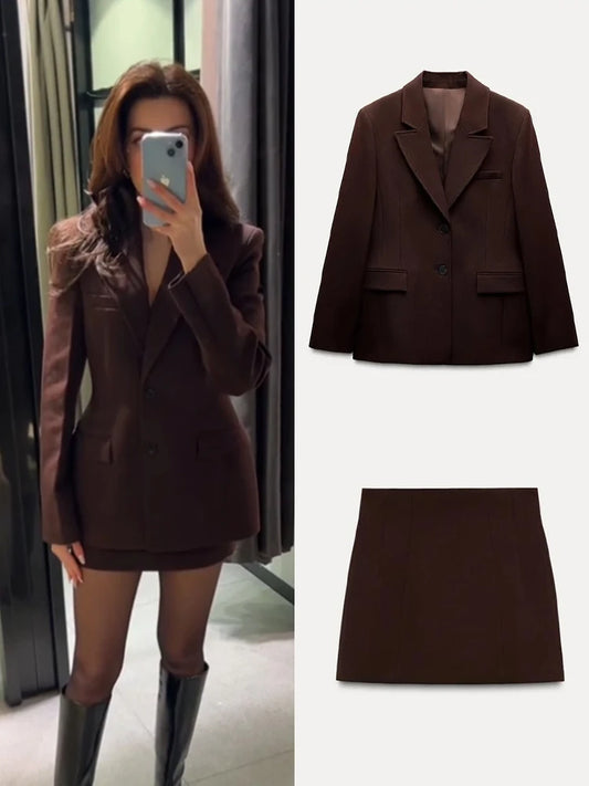 Women Office Blazer Skirt Suit Elegant Laple Slim Hip Packege Full Sleeve Coat A-line Skirt Set Female 2025 Spring Lady Outfits