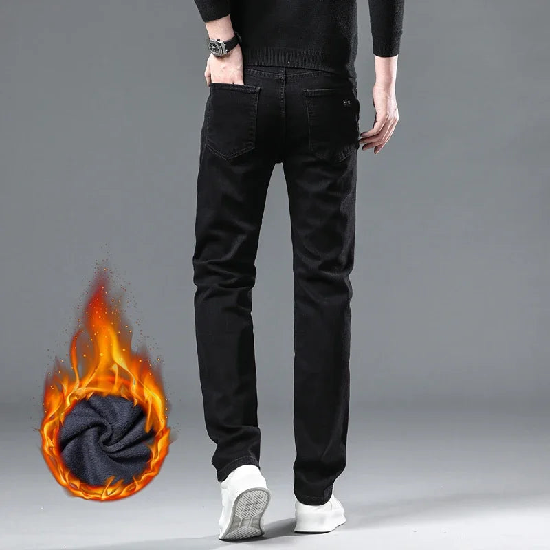 WTHINLEE Winter Men Black Straight Stretch Denim Thick Velvet Pants Warm Jeans Casual Fleece Line Trousers Male Plus Size