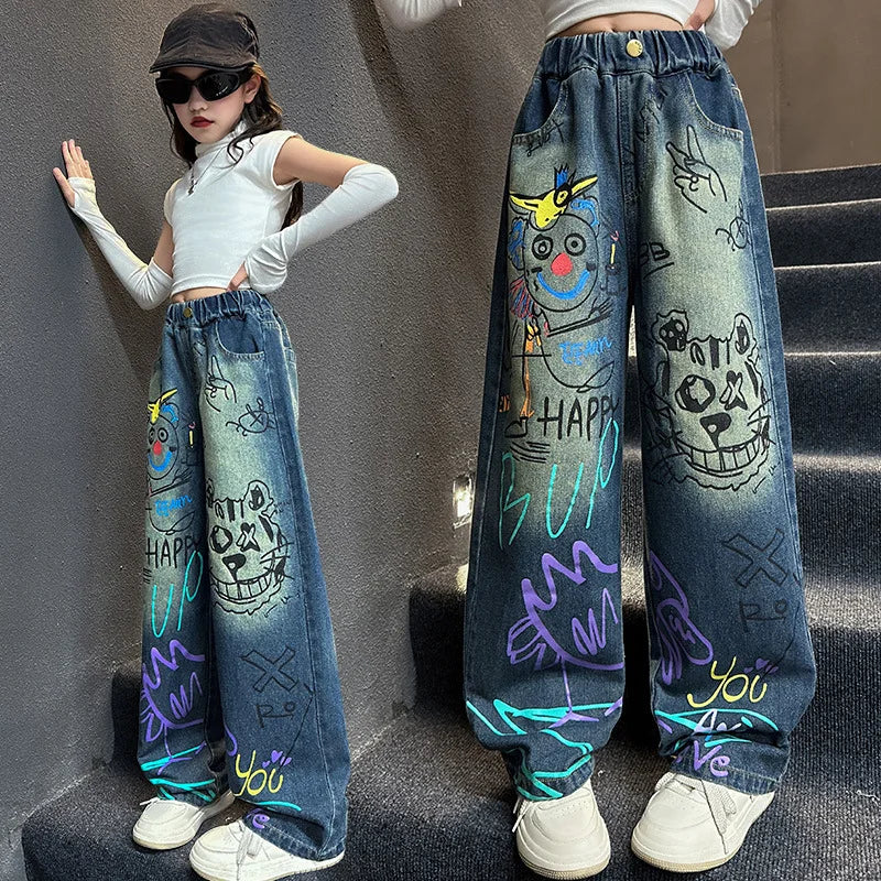 Kids Jeans for Girls Fashion Graffiti Dyeing 2025 Spring Autumn Hot Sales Teenager Unique Wide Leg Pants Korean Style Trousers