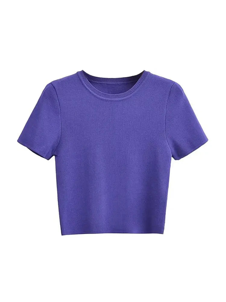 RFZA Women Fashion Striped Basic Cropped Knit Sweater Vintage O Neck Short Sleeve Female Pullovers Chic Tops