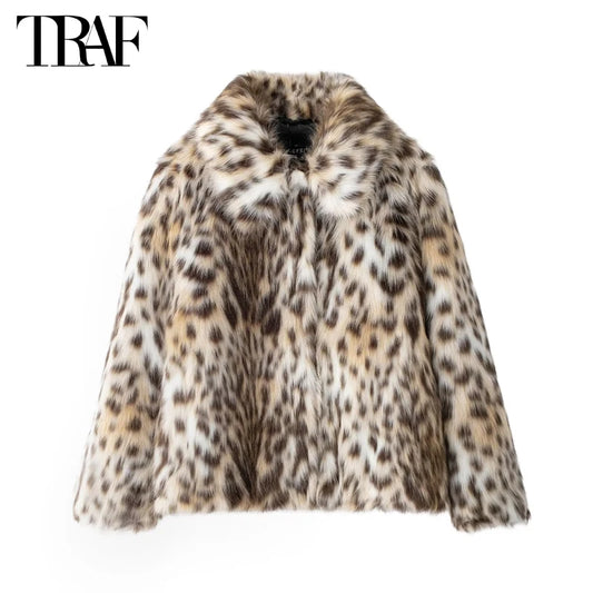 TRAF Faux Fur Fluffy Coat Women Print Luxury Winter Coats for Women 2025 Long Sleeve Plush Jacket Women New in Coats and Jackets