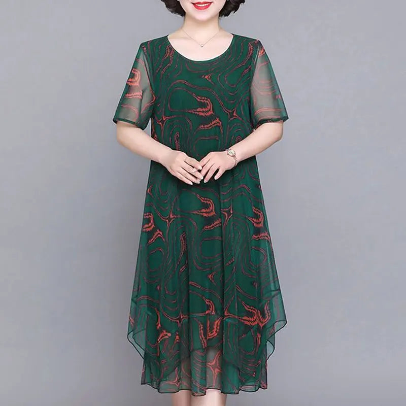 2023 O-Neck Short Sleeve Dresses Vintage Floral Printed Summer Gauze Spliced Women's Clothing Stylish Irregular Loose Midi Dress